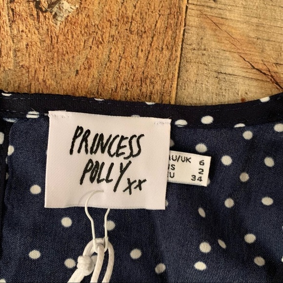 Princess Polly vertigo blues mini dress navy polka dot box cut neckline - 2 - Picture 2 of 8